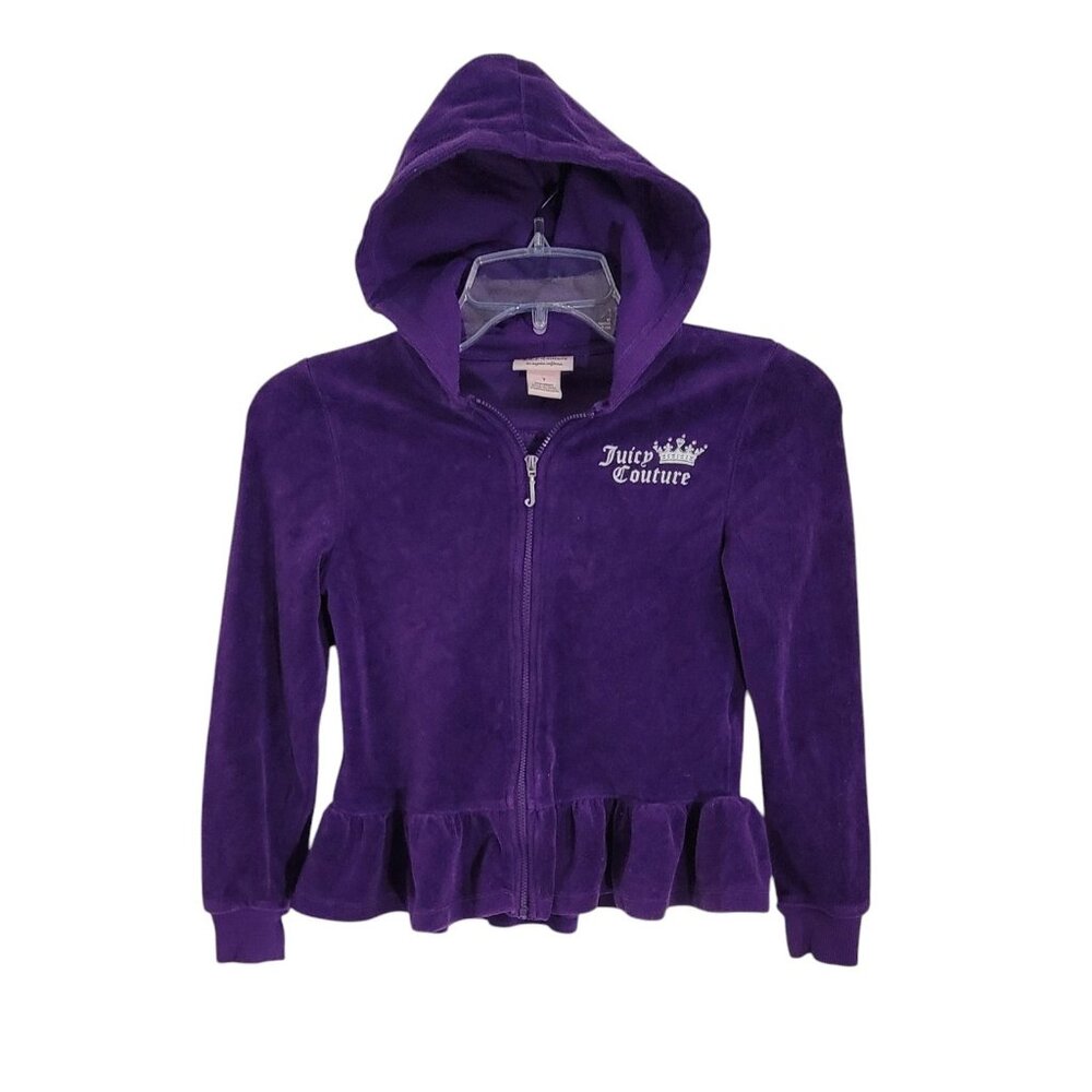 Juicy Couture Girls Purple Velour Full Zip Hoodie Studded Ruffled Hem Size 7